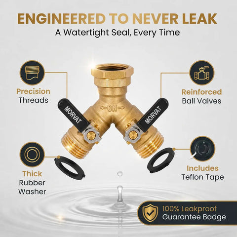 Heavy Duty Two Way Hose Splitter Brass Lead Free With Extra Long Butterfly Valves And On Off Easy Grip Handles Garden Hose Connector For Faucet And Spigot Includes Washers And Teflon Tape Dual Outlet Adapter brass splitter with washers and Teflon tape
