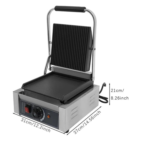 1800W Commercial Panini Grill Press With Stainless Steel Body And Cast Iron Plates, adjustable temp control, countertop design.