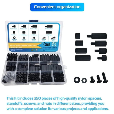 350 Piece Nylon M4 Standoff Kit With Male And Female Spacers Nuts Washers Screws For PCB Mounting And Electronics DIY Projects Dope For Prototyping Robotics Home Workshop Builds in organizer case