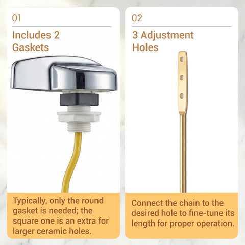 3 Inch Toilet Flush Valve Repair Kit For Universal Fit On Most One Piece Toilets Includes Drain Valve Stainless Steel Flush Handle Gasket Replacement Parts For Easy DIY No Fuss Home Plumbing Fix showing stainless steel flush handle with gaskets