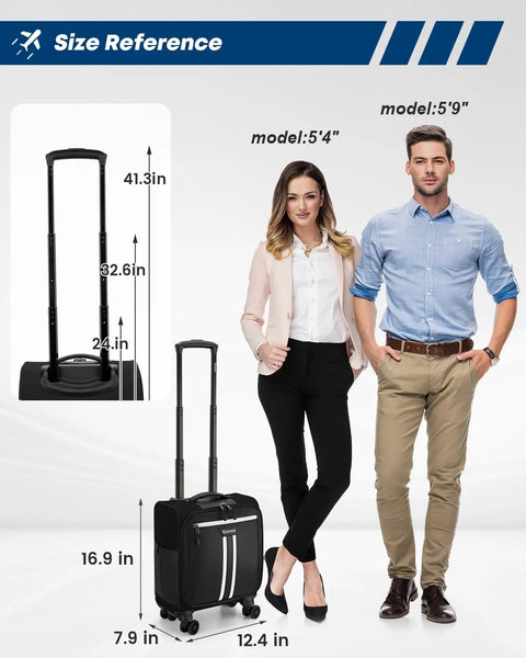 16 Inch Underseat Carry On Luggage With Spinner Wheels Water Resistant PVC Softside Travel Bag size reference with models