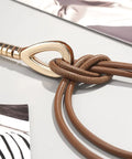 Women Knotted Skinny PU Leather Waist Belt With Gold Alloy Buckle Adjustable Double Rope Design showing knot and gold clasp detail.