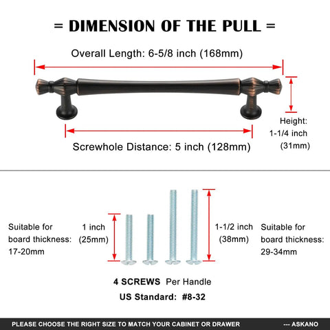 Dimensions of Top Tier Brushed Gold Cabinet Pulls With Five Inch Mounting Centers showing overall length and screw specifications.