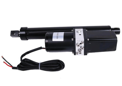 Side view of a 12V DC hydraulic linear actuator, 12-inch stroke, black metal housing with valve block and wiring.