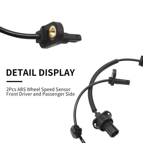 Two black ABS wheel speed sensors with wiring harnesses for front driver and passenger sides.