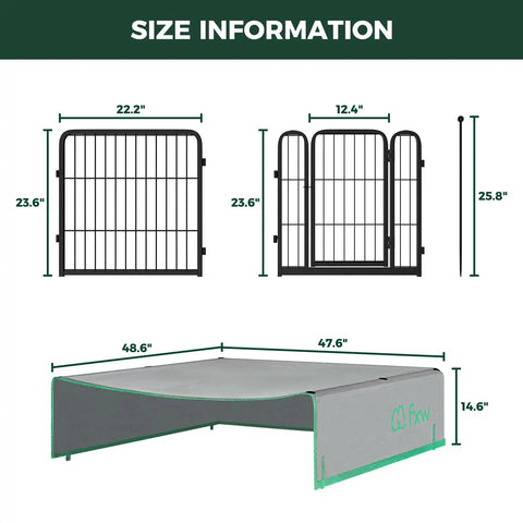 Size information for Super Sturdy Dog Playpen With Sun Shade Standing 24 Inches High with dimensions for panels and cover.