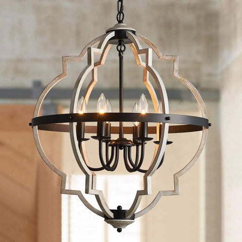 Six-Light Globe Farmhouse Chandelier in black metal with white distressed wood finish, rustic vintage ceiling light with lit bulbs