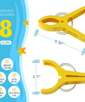 Heavy Duty Beach Towel Clips For Chairs And Loungers, yellow windproof clips shown with dimensions and features