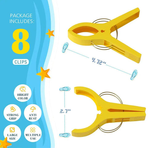 Heavy Duty Beach Towel Clips For Chairs And Loungers, yellow windproof clips shown with dimensions and features