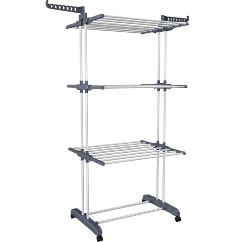 Top Shelf Oversized Four Tier Clothes Drying Rack With A Built Tough Foldable Frame Plus Side Wings For Hanging Laundry Towels Shoes And Quilts Roomy Air Drying Setup, freestanding with wheels.