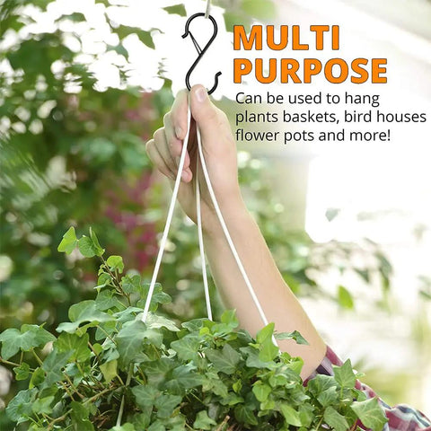 Hand holding Eight Pack Three Point Five Inch Heavy Duty S Hooks With Safety Buckle Rust Proof Coated Metal Hanging Hooks for indoor plants