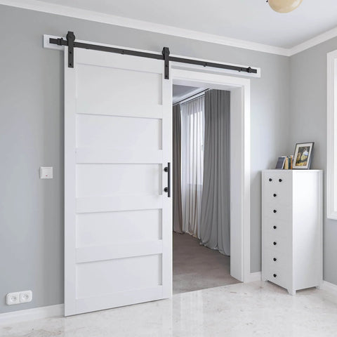 36x84 Inch Sliding Barn Door Kit With Hardware, Handle And Floor Guide, Waterproof PVC Surface, White 5-Panel Solid Slab installed