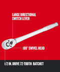 Pear Head Long Handle Ratchet 3/8 Inch Drive With 72-Tooth Arc Swing SAE Socket Tool with swivel head and switch lever