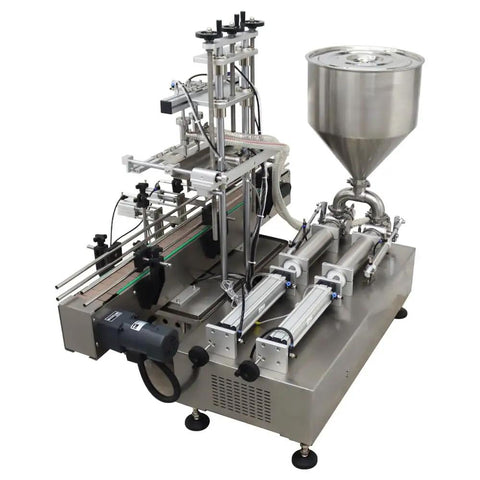 Built Like A Tank Automatic Pneumatic Liquid Paste Filler With Smooth Moving Conveyor Belt Dual Head Stainless Steel Dispenser 12 Mm Nozzle 100 To 1000Ml For Cosmetics Creams Plug And Play machinery with a stainless steel hopper.