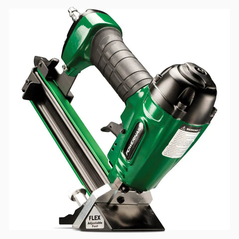 Pneumatic 20 Gauge L Cleat Flooring Nailer with Trigger Pull and Adjustable Flex Foot visible in green design for tight spaces.