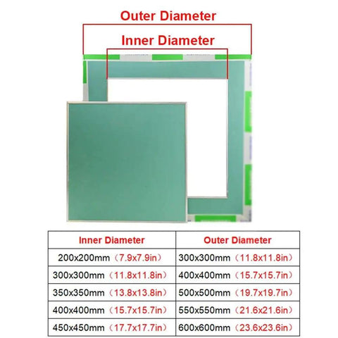 Dimensions of Slick Build Invisible Access Panel For Drywall Ceilings featuring sizes and diameters for easy installation.