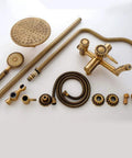 UMJIGF Antique Bronze Shower System with Hot and Cold Water Wall Mounted Shower Faucet Set Multifunction Single Handle Shower Combo Set with Shower Head, Handheld Shower, Bathtu components arranged neatly.
