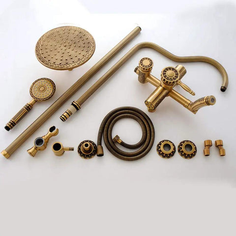 UMJIGF Antique Bronze Shower System with Hot and Cold Water Wall Mounted Shower Faucet Set Multifunction Single Handle Shower Combo Set with Shower Head, Handheld Shower, Bathtu components arranged neatly.