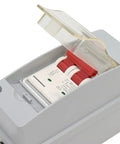 32A 500V PV DC Disconnect Switch MCB 2P Solar Breaker With IP65 Waterproof Distribution Box, open view showing breaker switch