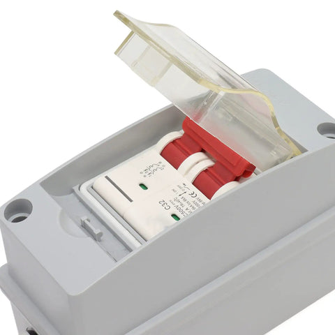 32A 500V PV DC Disconnect Switch MCB 2P Solar Breaker With IP65 Waterproof Distribution Box, open view showing breaker switch
