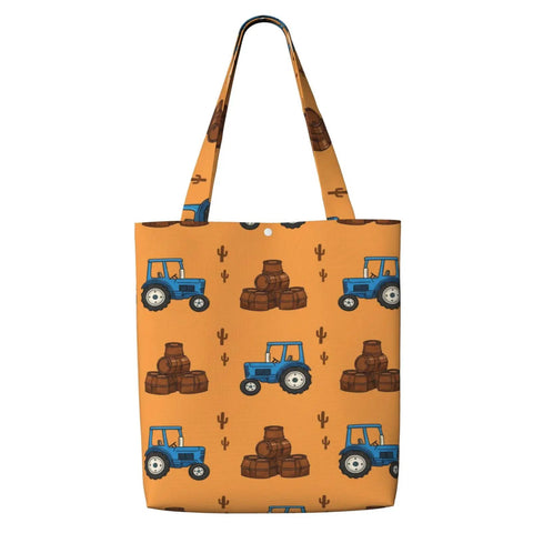 Blue Farm Tractor Aesthetic Canvas Tote Bag For Women And Girls Reusable Grocery Shopping Shoulder Tote For Work Travel And Books Durable Easy Clean High Density Canvas Carryall Must Have Everyday Tote with tractor and haystack print