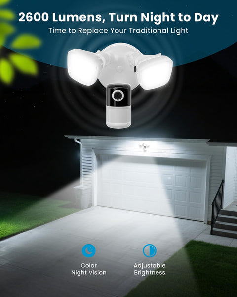 Wired Floodlight Security Camera With 2K Clarity illuminating a driveway, showcasing 2600 lumens of bright light, outdoor surveillance.