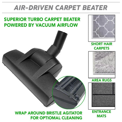 Front view of air-driven carpet beater head for central vacuum, black plastic with wrap-around bristle agitator