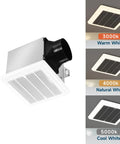 Super Quiet Bathroom Exhaust Fan With Light 90 CFM 1.2 Sone 1000 Lumen Dimmable 3CCT LED Light Color Temp Selectable Easy Install Vent Fan 4 Inch Duct Light Grille White shown with color temperature options