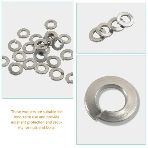 Premium Stainless Steel Lock Washers Set 350 Pcs Assortment laid out with close-up detail and description text.