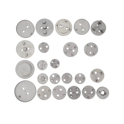 Steel discs from 24 Piece Brake Piston Wind Back Tool Kit With 45 Steel And 118psi High Efficiency Universal Fit For Most Cars Pneumatic Rewind Easy DIY Auto Brake Maintenance Pro Grade Heavy Duty Kit