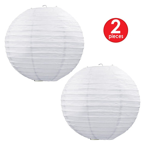 Two Jumbo White Paper Lanterns, 30 Inch Diameter, Assembly Required, Durable White Paper With Metal Supports Inside, Pack of 2