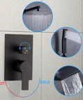 Shower Faucet Set, Matte Black 10-Inch Rain Head with Handheld and Valve detail showing controls and water flow options