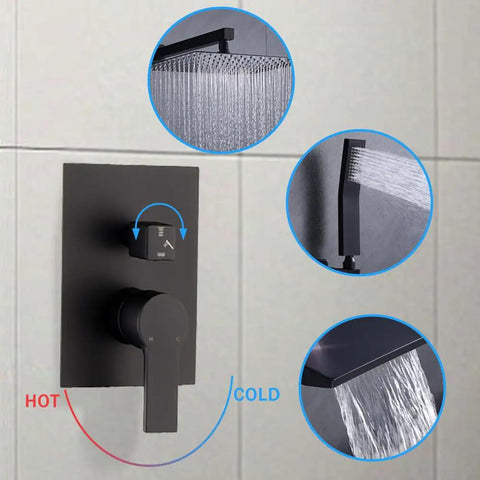 Shower Faucet Set, Matte Black 10-Inch Rain Head with Handheld and Valve detail showing controls and water flow options