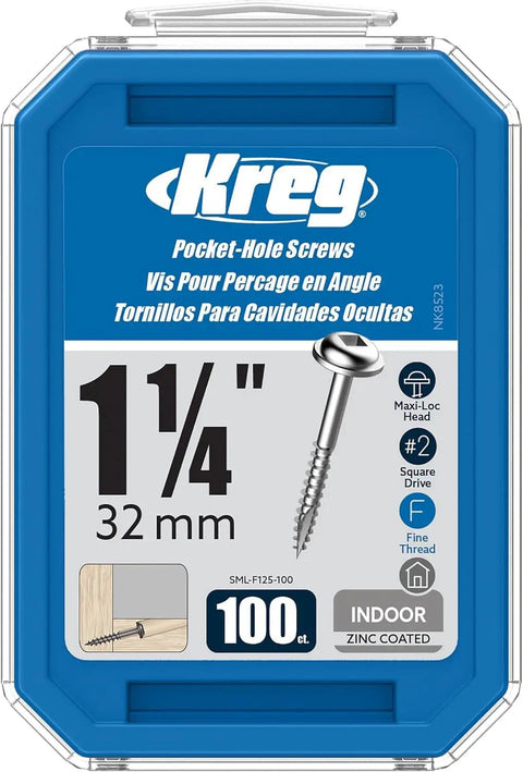Zinc Pocket Hole Screws One And A Quarter Inch Fine Thread Maxi Loc Head package, 100 count, for indoor hardwood woodworking.