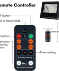 Remote controller for JUDYSSY Outdoor Led Floodlights with Remote Control, showing brightness and timer settings.