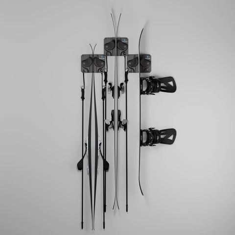 Badass Gravity Lock Ski And Snowboard Wall Storage Rack Holds 3 Pairs Damage Free Gear Saver With Anti Slip Pad Protects tips and tails.