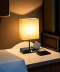 USB Table Lamp With Wireless Charging And USB C Port, 3 Way Dimmable Bedside Lamp With USB Port And AC Outlet on nightstand.