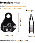 Climbing Ascender Self Locking Rope Grab Belay Device for Rock Climbing and Arborist Caving Rescue Lightweight Magnesium Alloy Gear Fits 8 to 13 mm Rope Handles Up To 220 lb Compact 3.5 Ounce Tool with dimensions and weight details