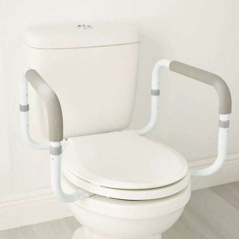 Heavy Duty White Steel Toilet Safety Rail Bathroom Grab Bar With Adjustable Width Support Frame Easy Peasy Install, side view.