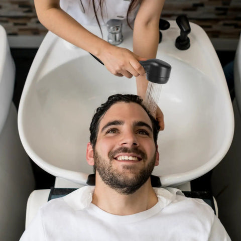 Pro Grade Brass Shampoo Bowl Faucet And Sprayer Kit For Salon Backwash Unit with man getting hair rinsed