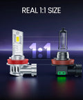 Kickass H11 H8 LED Fog Light Bulbs That Rip Through Fog And Blast 12000 Lumens Of Clean 6000K Cool White Illumination With Turbo Cooling And IP68 Waterproof Rating For Cars SUVs And Powersports Rides Pack Of Two, 1:1 size comparison image.