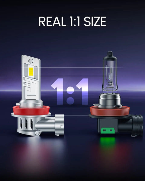 Kickass H11 H8 LED Fog Light Bulbs That Rip Through Fog And Blast 12000 Lumens Of Clean 6000K Cool White Illumination With Turbo Cooling And IP68 Waterproof Rating For Cars SUVs And Powersports Rides Pack Of Two, 1:1 size comparison image.
