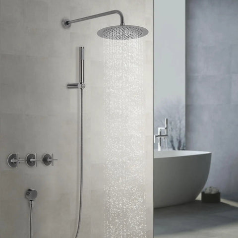 Shower System 10 Inch Wall Mounted Rainfall Set with Handheld Spray featuring premium stainless steel and showerhead with cascading water.