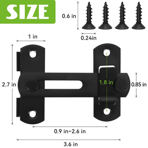 Heavy Duty Gate Latch for Barn Doors and Fences in Matte Black 201 Stainless Steel with screws, dimensions labeled