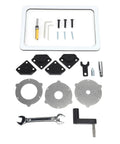 Slick Heavy Duty Aluminum Router Lifting System With Adjustable Table Mount Plate And Quick Grip Clamp Setup Plus Three Custom Fit Insert Rings, tool and hardware parts layout.