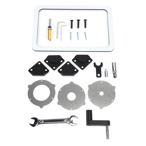 Slick Heavy Duty Aluminum Router Lifting System With Adjustable Table Mount Plate And Quick Grip Clamp Setup Plus Three Custom Fit Insert Rings, tool and hardware parts layout.
