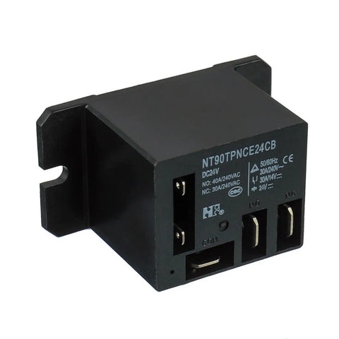 DC 24V Power Relay SPDT 1NO 1NC 30A 40A with flange mount, quick-connect terminals, compact size 50 x 27 x 28 mm for industrial use