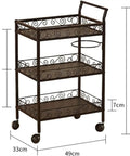 Three Tier Rolling Utility Cart With Smooth As Silk Casters And Reinforced Side Handles, 84cm tall, iron frame with wooden shelves.