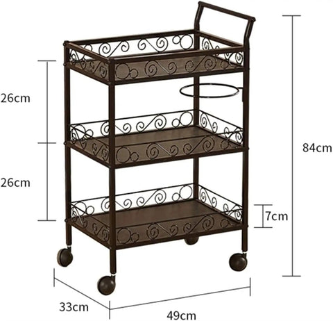 Three Tier Rolling Utility Cart With Smooth As Silk Casters And Reinforced Side Handles, 84cm tall, iron frame with wooden shelves.