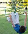 Child using Ninjaline 36 Foot Intro Kit With Seven Hanging Attachments, Ultimate Backyard Ninja Warrior Training Gear For Kids